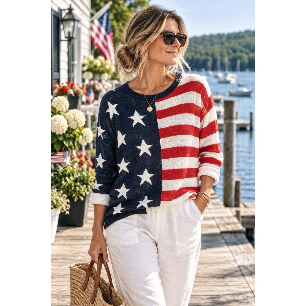 Talbots American Flag Stars & Stripes Knit Crew Neck Sweater Linen Blend Sz XL